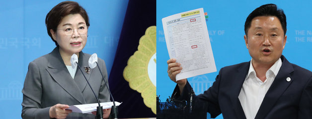 24일 국회 소통관에서 ‘서울-양평 고속도로’ 사업 관련 기자회견을 하고 있는 김정재 국민의힘 의원(왼쪽)과 최인호 민주당 의원.