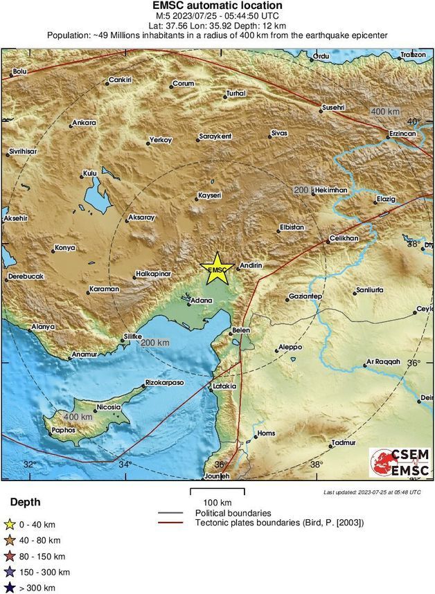 튀르키예 중부 지역에서 25일(현지시간) 오전 8시44분(한국시간 오후 2시44분)께 규모 5.5의 지진이 발생했다고 유럽지중해지진센터(EMSC)가 밝혔다.EMSC 갈무리