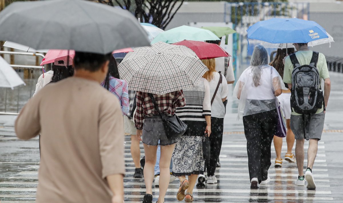 전국 곳곳에 장맛비가 내린 지난 23일 서울 광화문네거리에서 우산을 쓴 시민들이 발걸음을 옮기고 있다. 뉴스1