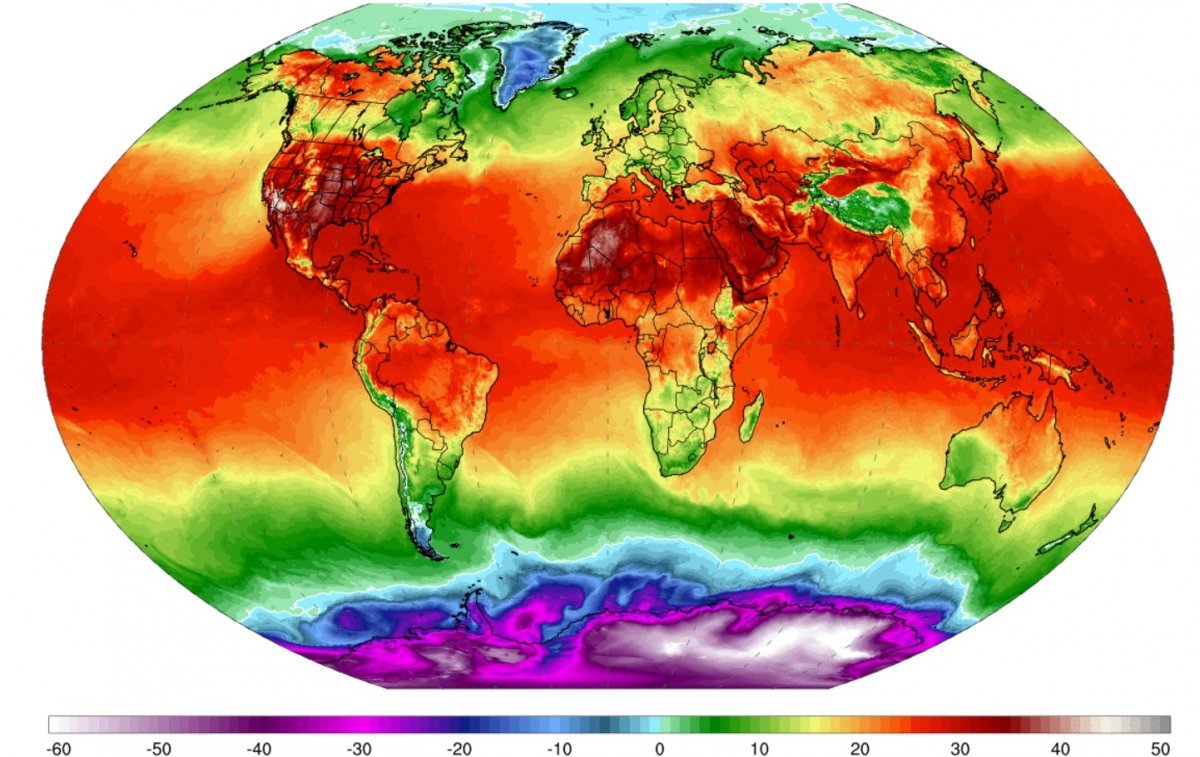 불덩이 지구, 온통 빨간색 미국 기상청(NWS) 산하 국립환경예측센터 데이터를 바탕으로 미 메인대 기후변화연구소가 만든 28일 세계 기온 지도. 폭염이 
지속되는 미국과 산불이 퍼지고 있는 유럽 남부, 북아프리카 지역에서 40도에 육박하는 기온을 보이고 있다. 사진 출처 미 메인대 
기후변화연구소 홈페이지