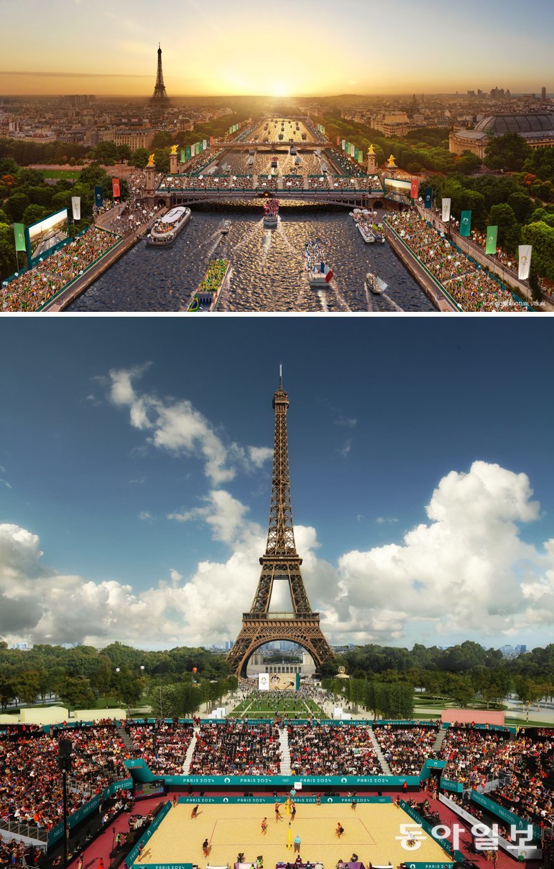 2024 파리 올림픽 센강 개막식과 에펠탑 밑 비치발리볼 경기장 조감도. 프랑스 관광청 제공
