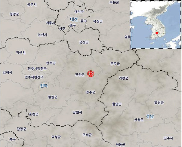 7월 29일 19시 7분, 전북 장수군 북쪽 18km 지역에서 규모 3.5 지진이 발생했다. 기상청 제공