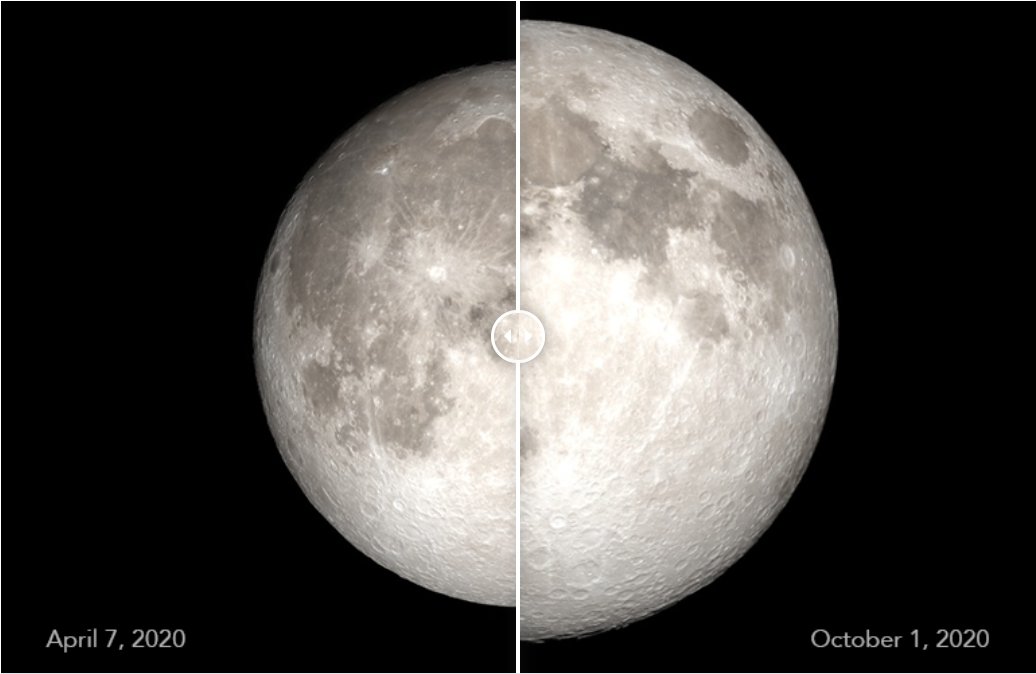달이 지구에서 가장 멀리 떨어져 있었던 2020년 4월 7일(왼쪽)과 가장 가까이 다가와 ‘슈퍼문’이라 불리는 올해 8월 1일(오른쪽) 크기 차이. 미국 항공우주국(NASA)에 따르면 슈퍼문은 달이 멀리 떨어져 있을 때보다 최대 14% 크고, 30% 밝게 보인다. NASA 제공