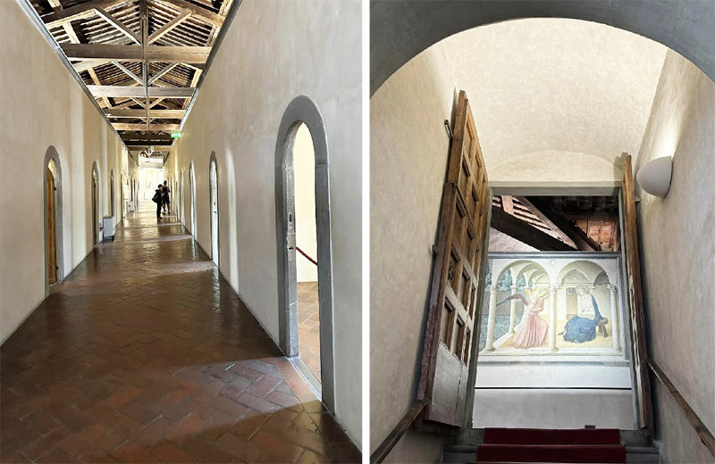 산마르코 수도원 복도 양쪽으로 수도사들이 머물렀던 작은 방들이 이어지고 있다(왼쪽 사진). 수도원 2층으로 가는 계단을 오르면 프라 안젤리코의 역작 ‘수태고지’(1435년경)를 만날 수 있다. 김영민 교수 제공