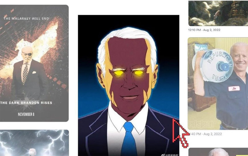 조 바이든 미국 대통령을 슈퍼히어로인 ‘다크 브랜던’으로 합성한 사진들. 81세 고령으로 유약한 이미지가 약점인 바이든 대통령은 온라인에서 확산하고 있는 다크 브랜던 이미지를 재선 캠페인에 적극 활용하고 있다. 복스 미디어 캡처