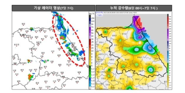 지난 6일부터 7일 오전 7시 사이 기상청의 강원지역 누적강수량 분포도와 7일 오전 7시 기준 기상 레이더 영상 그래픽. 2023.8.7/뉴스1