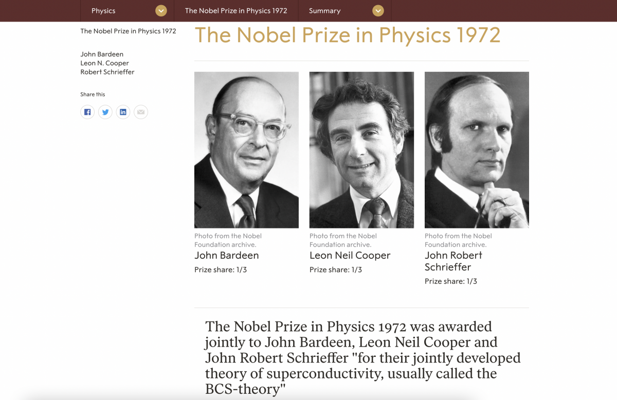 BCS 이론으로 1972년 노벨 물리학상을 받은 미국 물리학자 세 명. (출처 : nobelprize.org 갈무리)