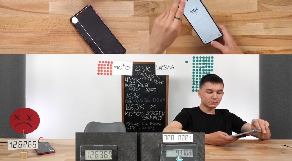 삼성전자가 출시한 폴더블 스마트폰 ‘갤럭시 Z플립5의 내구성 테스트를 진행하고 있는 실험 참가인. Mrkeybrd 유튜브 캡처