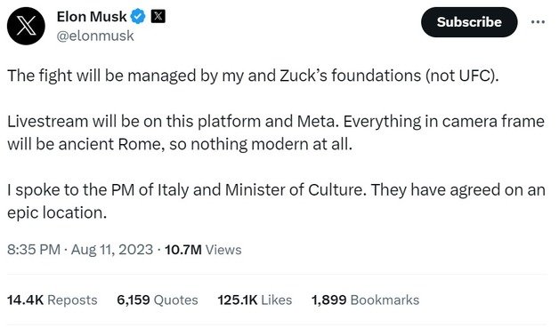 일론 머스크 테슬라 최고경영자(CEO)는 마크 저커버그 메타 최고경영자(CEO)와의 격투 대결이 이탈리아에서 개최될 것이라고 밝혔다. 머스크 엑스 갈무리