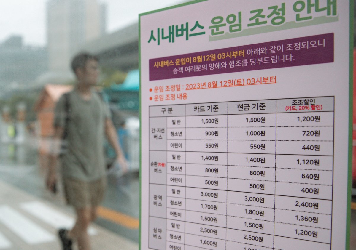서울 시내버스 기본요금이 300원 오른 12일 오후 서울 시내의 한 버스정류장에 인상된 버스 요금에 대한 안내문이 게시돼 있다. 2023.8.12 뉴스1