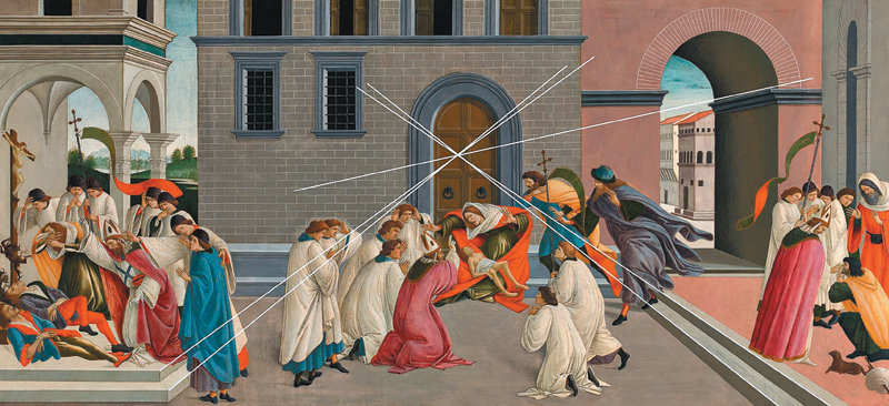 산드로 보티첼리의 1500년경 작품 ‘성 제노비오의 세 가지 기적’ 속 숨은 선 원근법을 알아볼수 있도록 선을 그은 그래픽. 왼족부터 제노비오가 행한 기적 세 가지를 한 화폭에 그린 그림으로, 선 원근법으로 차분한 분위기를 만들고 있다.