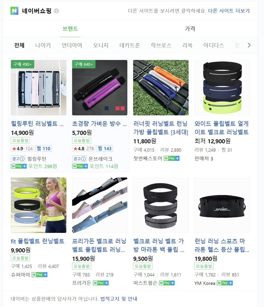 네이버에서 러닝 벨트를 검색한 결과. 1~2만 원선에 구매할 수 있다 / 출처=네이버 캡처