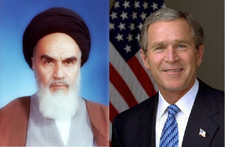 루홀라 이란 초대 국가최고지도자(왼쪽)와 조지 W 부시 전 미국 대통령. 두 사람은 각각 ‘큰 사탄(미국)’과 ‘악의 축(이란)’이란 극단적인 표현을 써가며 상대국을 비난했다. 국가 최고 지도자들이 쉽게 쓸 수 있는 표현이 아니었던 만큼 전세계적인 화제가 됐다.