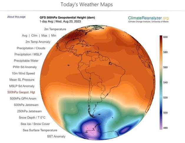 미국 메인 대학 기후변화연구소가 매일 공개하는 ‘오늘의 날씨 지도’에 나타난 23일(현지시간)의 500hPa 일기도.(climatereanalyzer.org 갈무리).