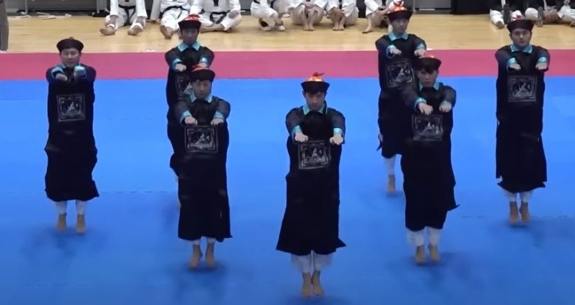 지난달 24일 한국 성남시에서 열린 세계 태권도 한마당 축제에 참가한 중국의 ‘차이나엑스’(CHINAX)팀 7명이 청나라 시대 의상을 입고 태권도 군무를 선보이고 있다. 유튜브 채널 ‘태권티비’ 영상 캡처