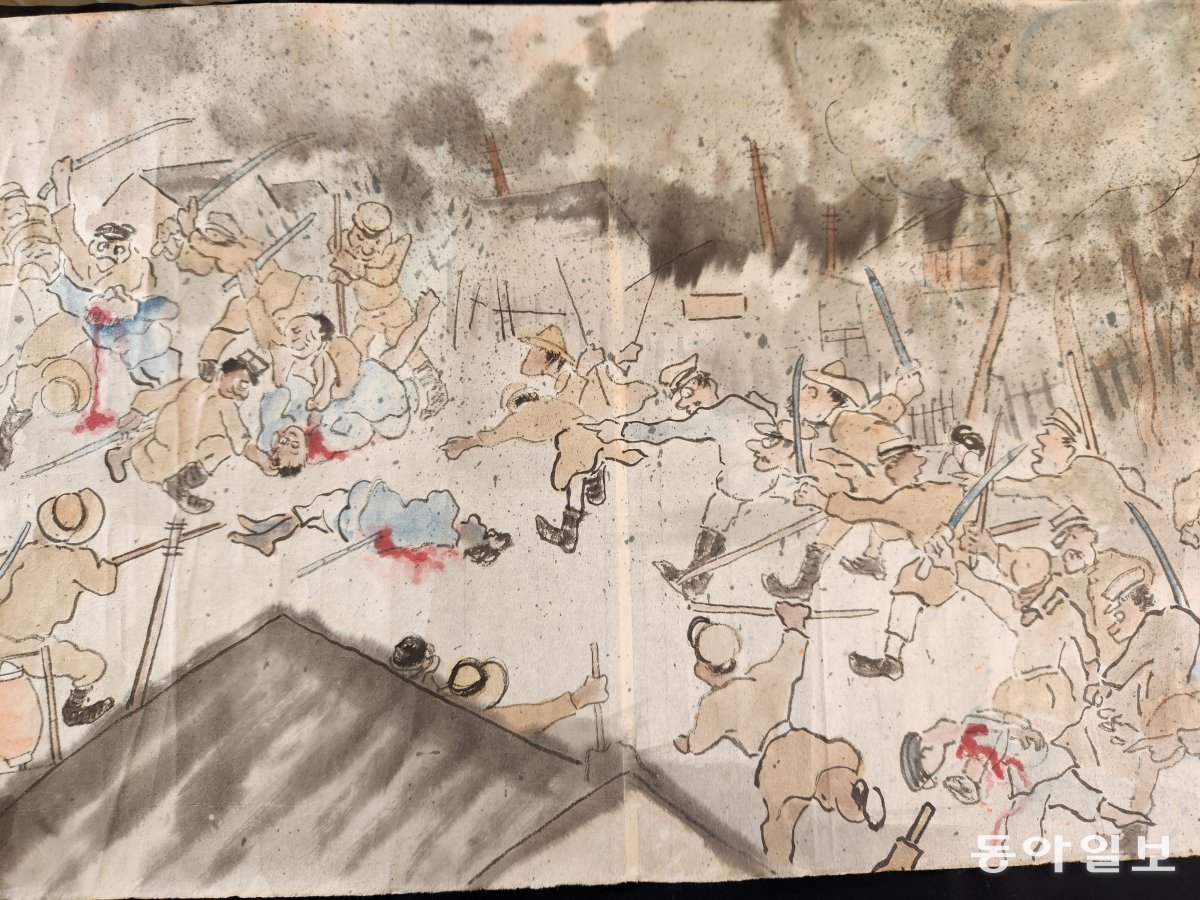 고려박물관 에서 공개한 간토대지진 당시 조선인 학살 장면을 생생히 묘사한 그림. 도쿄=이상훈 특파원 sanghun@donga.com