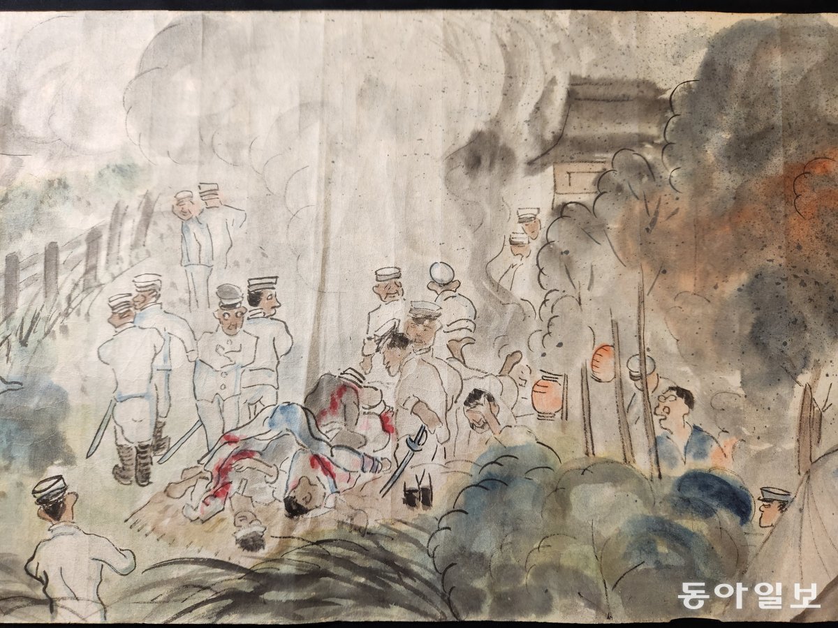 고려박물관 에서 공개한 간토대지진 당시 조선인 학살 장면을 생생히 묘사한 그림. 도쿄=이상훈 특파원 sanghun@donga.com