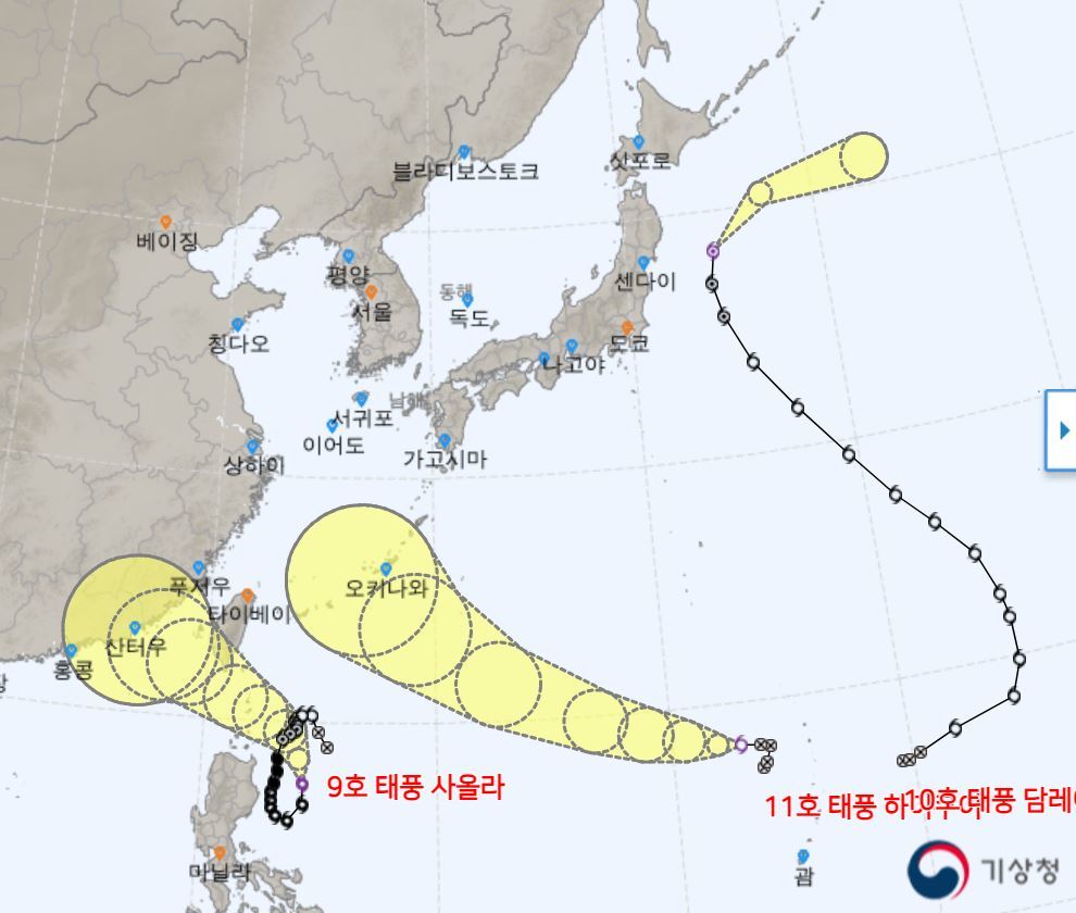 28일 오후 4시 기준 동아시아에 발달한 3개 태풍의 경로 예상도. 제9호 태풍 ‘사올라’(왼쪽)와 제10호 태풍 ‘담레이’가 
각각 중국과 일본으로 향하고 이날 오전 9시경 괌 북서쪽에서 시작된 제11호 태풍 ‘하이쿠이’(가운데)도 북상 중이다. 기상청 
제공