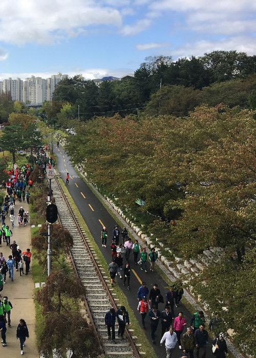 경북 포항의 철길숲 산책로를 걷는 시민들. 포항시 제공