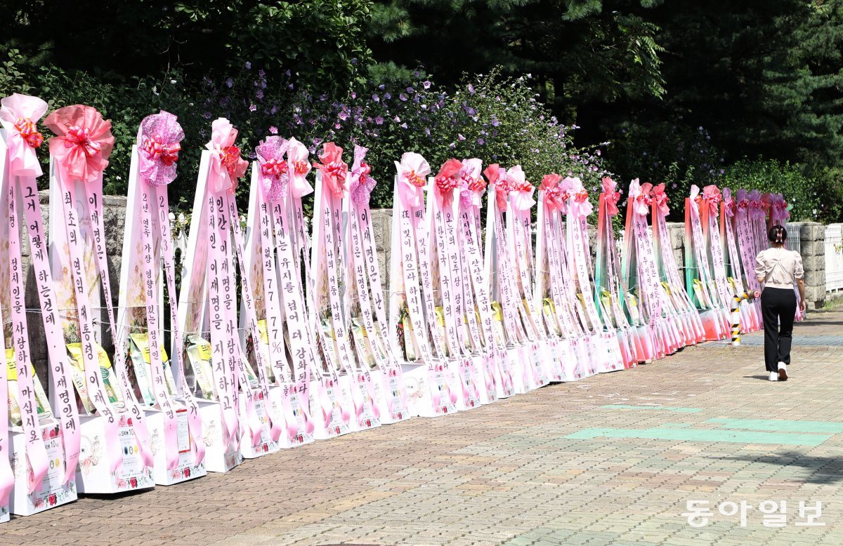 더불어민주당 이재명 대표 취임 1주년을 맞은 가운데 31일 서울 여의도 국회 앞에 화환과 축하 안내판이 등장했다. 김재명 기자 base@donga.com