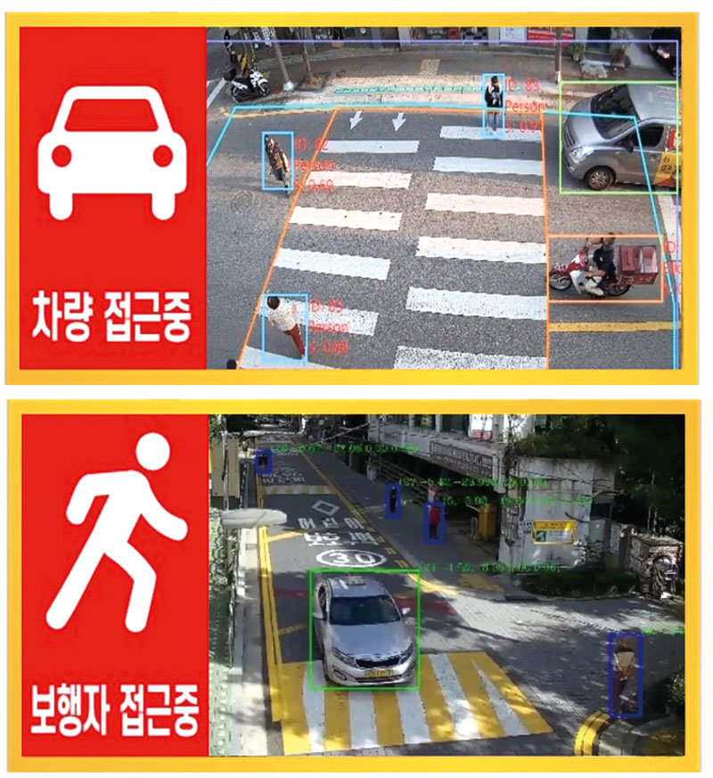 전광판의 붉은색 영역에는 차량이나 보행자의 접근 여부가 표시된다. 그 옆에는 골목 영상이 나타난다. 어린이과학동아 제공