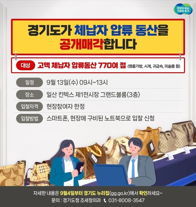 경기도가 오는 13일 고양 킨텍스에서 지방세 고액 체납자 가택수색을 통해 압류한 명품 시계, 가방 등 772점을 전북, 경북, 제주 등 다른 시도와 합동으로 공개 매각한다.경기도 제공