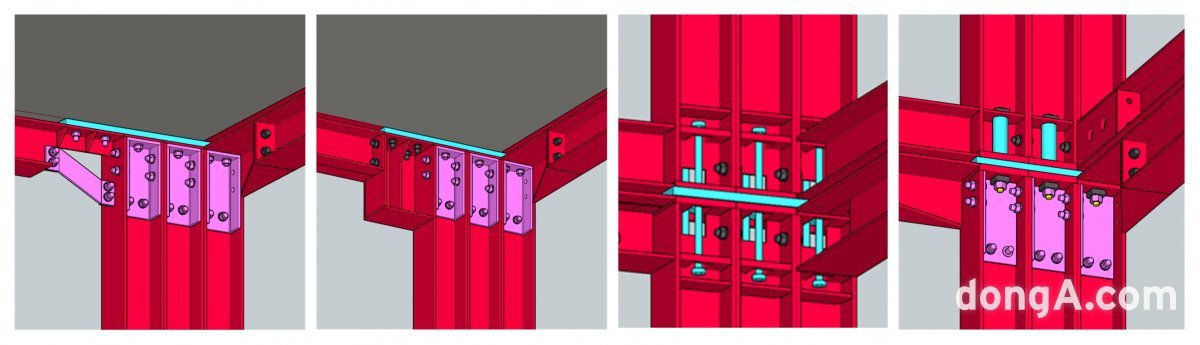 왼쪽부터 첫 번째, 두 번째는 고장력 볼트를 이용한 모듈러 골조 접합 방식. 세 번째, 네 번째는 모르타르를 주입하는 앵커 타입의 모듈러 골조 접합 방식. 현대엔지니어링 제공