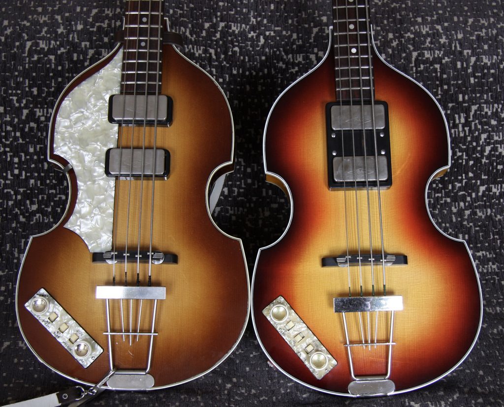 폴 매카트니가 1961년 구입한 베이스 기타와 동일한 모델(왼쪽). 오른쪽은 1969년 없어졌을 당시 모델을 재현한 것이다. 매카트니가 1964년 색상 등을 개조했다고 한다. 사진 출처 The Lost Bass 홈페이지