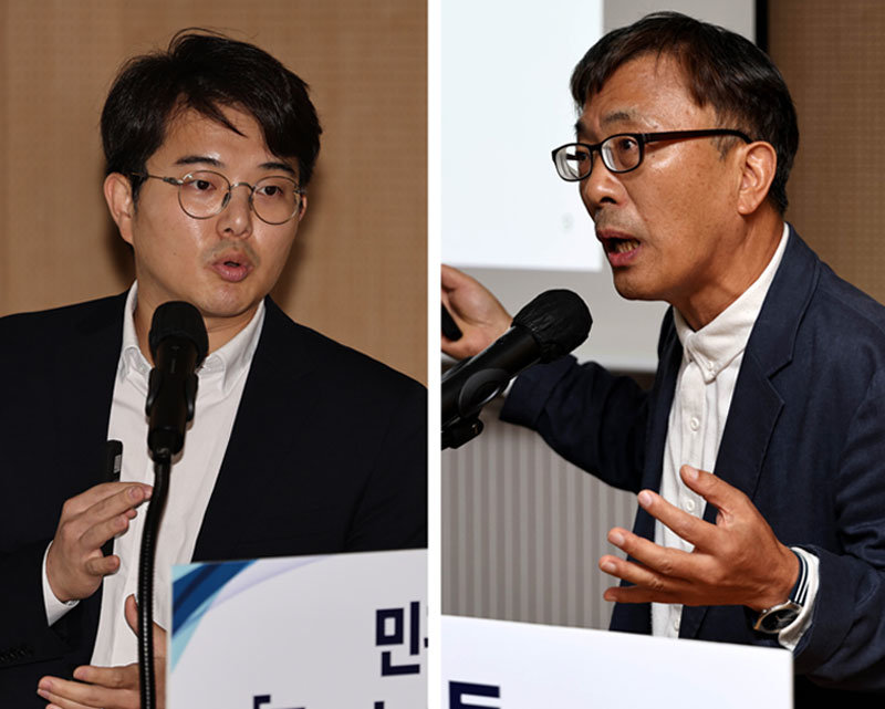 포럼에서 기조 발표를 한 백서인 한양대 중국학과 교수(왼쪽)와 김해수 에이샛위성통신 상무.
