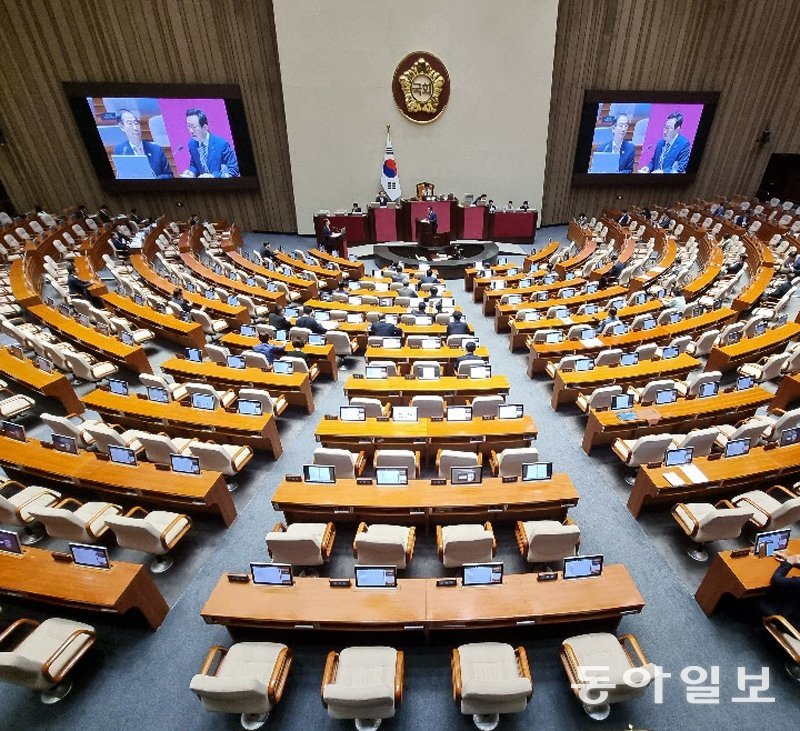 ‘대정부 질문’ 휑한 본회의장 5일 국회 본회의장에서 정치 분야 대정부질문이 진행되는 가운데 오후 4시 30분경 의원들이 자리를 떠나 회의장이 비어 있다. 김재명 기자 base@donga.com