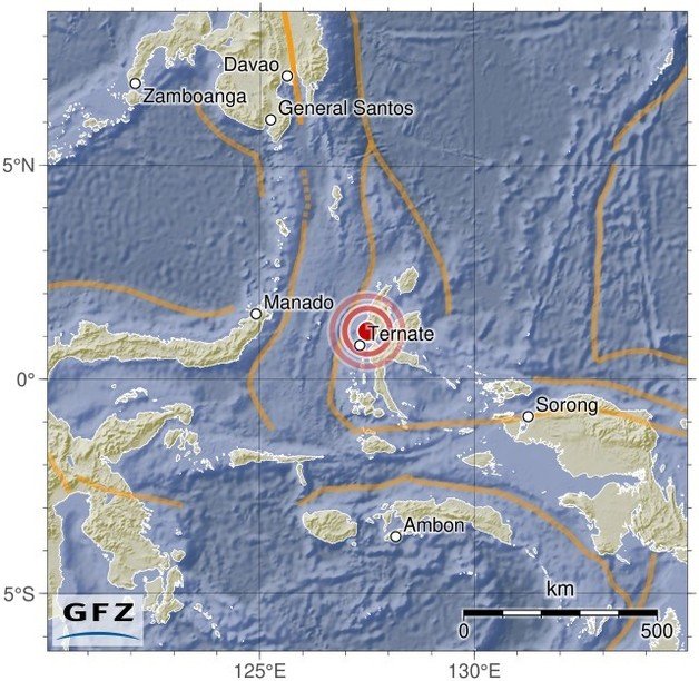 인도네시아 할마헤라 지역 지진 발생(GFZ 웹사이트 갈무리)