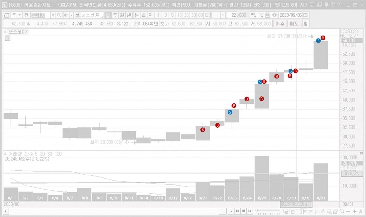 8월 거래량이 가장 많았던 포스코DX 수익률 1위 투자자의 매매 내역. 빨간색이 매수, 파란색이 매도 시점이다. 지속적인 매수 매도를 통해 추가 수익을 낸 점을 확인할 수 있다. 키움증권 제공