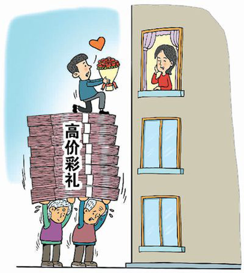 성비 불균형이 극심해진 중국에서 신랑이 신부에게 과도한 지참금을 주는 현상을 풍자한 만평. 웨이보 캡처