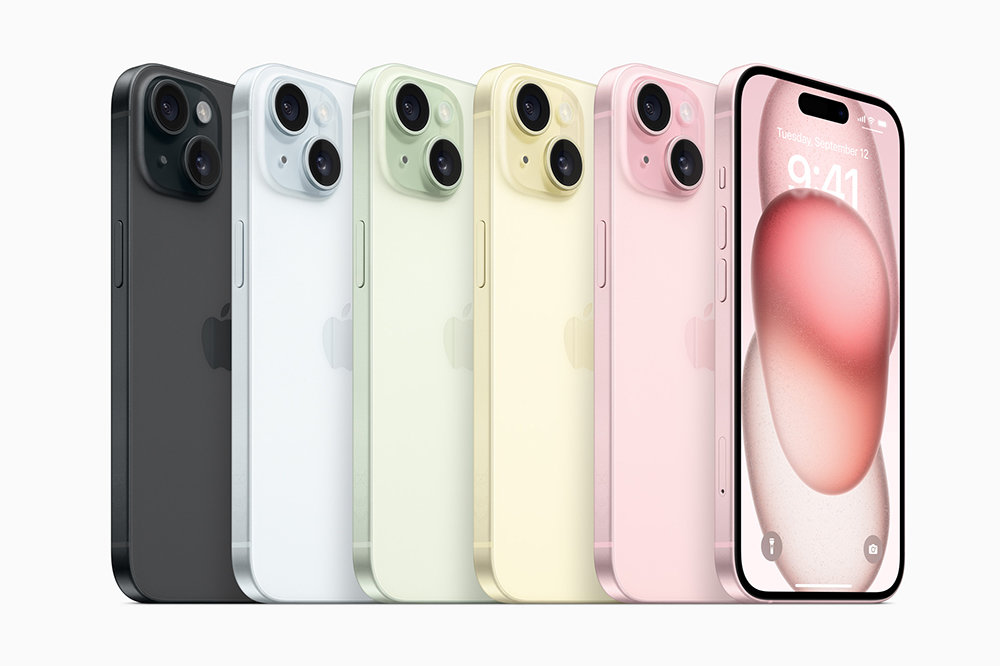 아이폰 15, 좌측부터 블랙, 블루, 그린, 옐로, 핑크 색상이다 / 출처=애플코리아