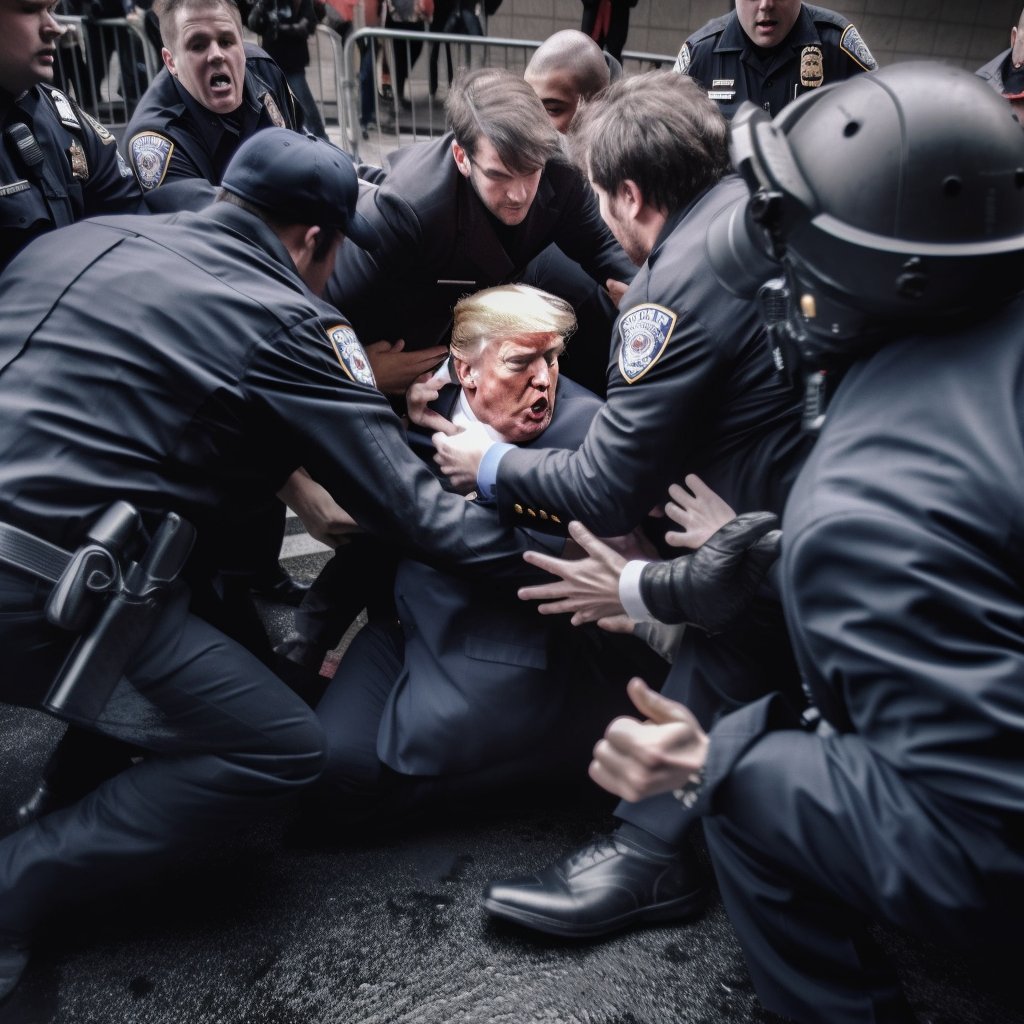 지난 3월 트럼프 전 대통령이 수갑을 찬 채 경찰에 연행되는 사진이 트위터에 퍼졌다. ‘가짜 사진’이다.