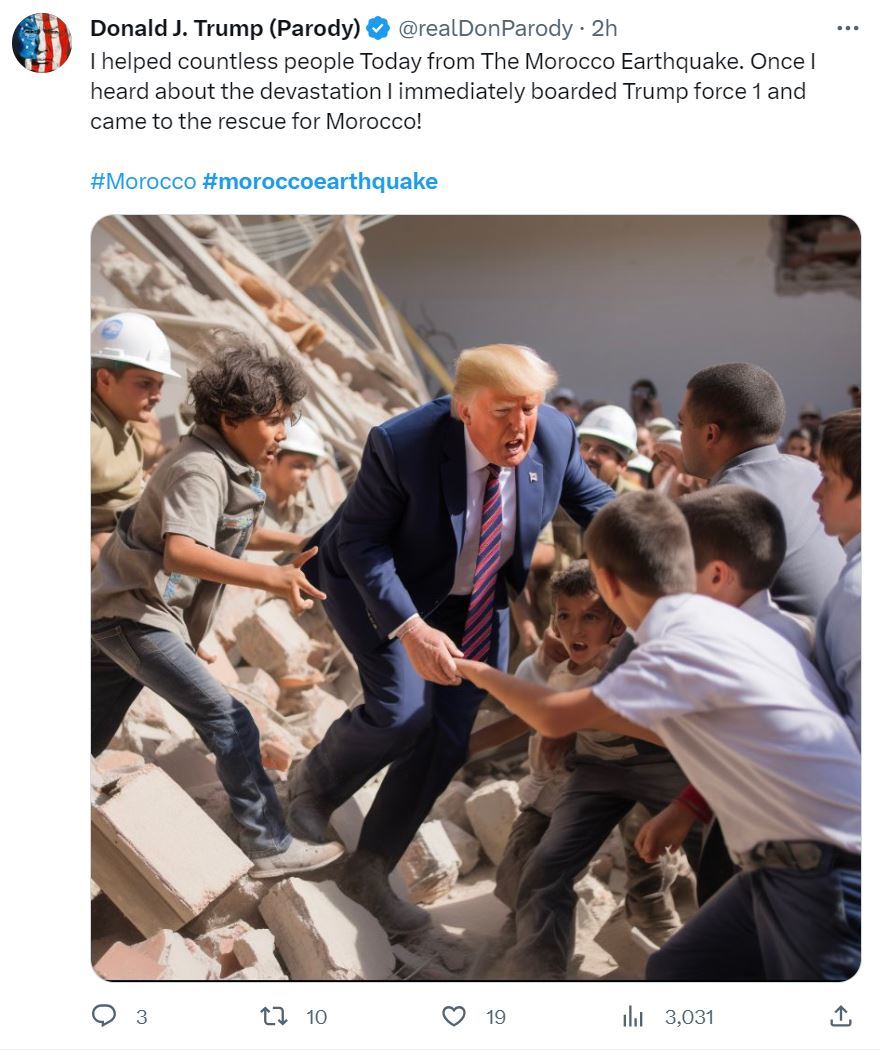 지난 10일 트럼프 전 대통령이 지진이 발생한 모로코를 방문한 것처럼 만들어진 사진이 트위터에 올라왔다.
