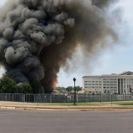 지난 5월 트위터 등에 확산한 미국 펜타곤(국방부) 인근의 대형 폭발 가짜 사진.