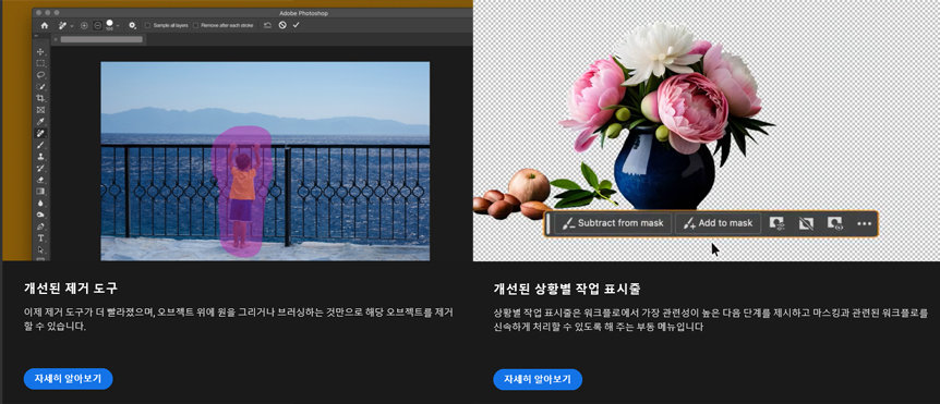 개선된 제거 도구 및 개선된 상황별 작업 표시줄 설명 / 출처=어도비