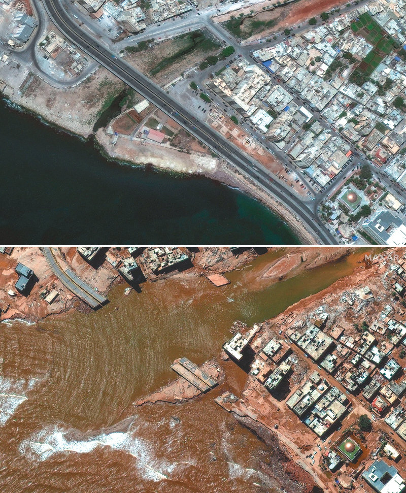 폭풍 대니얼이 상륙하기 전인 1일 북아프리카 리비아 동부 항구도시 데르나의 온전했던 도로(위 사진)가 13일엔 홍수로 인한 급류에 휩쓸려가 사라졌거나 잠겨 있다. 바다와 육지의 경계도 불분명해졌다. 일부 건물들은 아예 통째로 바다로 떠내려갔고, 남아있는 건물들도 처참히 파괴됐다. 이 위성사진은 민간 위성업체 맥사테크놀로지가 공개했다. AP 뉴시스