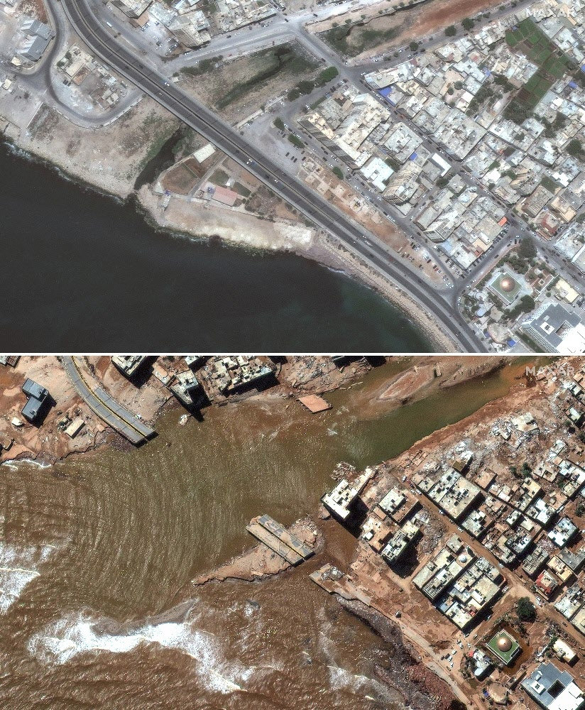 홍수에 도로 끊기고 건물 떠내려가 폭풍 대니얼이 상륙하기 전인 1일 북아프리카 리비아 동부 항구도시 데르나의 온전했던 도로(위쪽 사진)가 13일엔 홍수로 인한 
급류에 휩쓸려가 사라졌거나 잠겨 있다. 바다와 육지의 경계도 불분명해졌다. 일부 건물들은 아예 통째로 바다로 떠내려갔고, 남아있는
 건물들도 처참히 파괴됐다. 이 위성사진은 민간 위성업체 맥사테크놀로지가 공개했다. AP 뉴시스