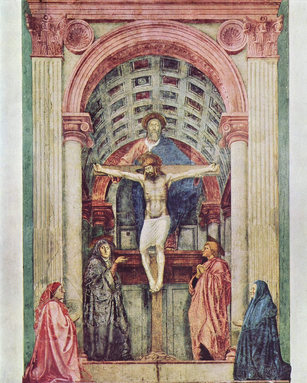 이탈리아 화가 마사초가 1427년경 피렌체의 산타 마리아 노벨라 성당에 그린 ‘성삼위일체’. 7.6m 높이의 이 작품은 원근법을 최초로 적용한 서양화로 꼽힌다. 사진 출처 위키미디어