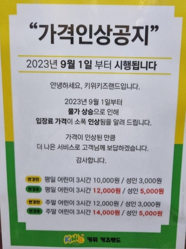 키위키즈랜드 가격 인상 공지문ⓒ 뉴스1