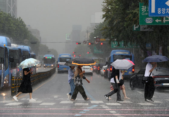 23일 서울 광화문 네거리에서 시민들이 우산을 쓴 채 횡단보도를 건너고 있다. 기상청은 내일까지 전국 대부분 지역에 50~120mm, 많은 곳은 최고 150mm 이상의 호우가 쏟아질 것으로 예보했다. 2023.8.23/뉴스1