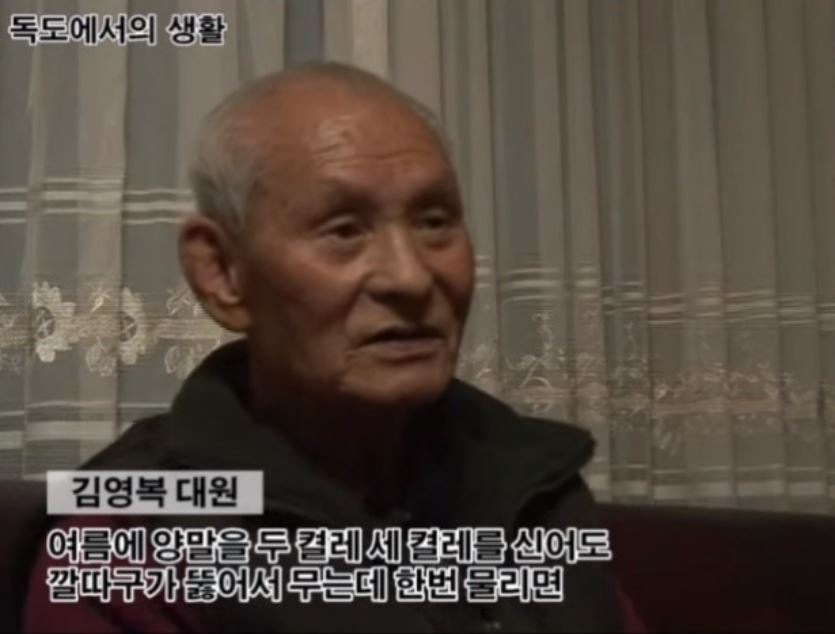 1950년대 독도의용수비대로 활동한 고(故) 김영복 선생이 독도 생활에 대한 증언에서 독도점등에모기에 물린 경험을 밝히고 있다. 유튜브 채널 ‘재단법인독도의용수비대기념사업회’ 영상 캡처