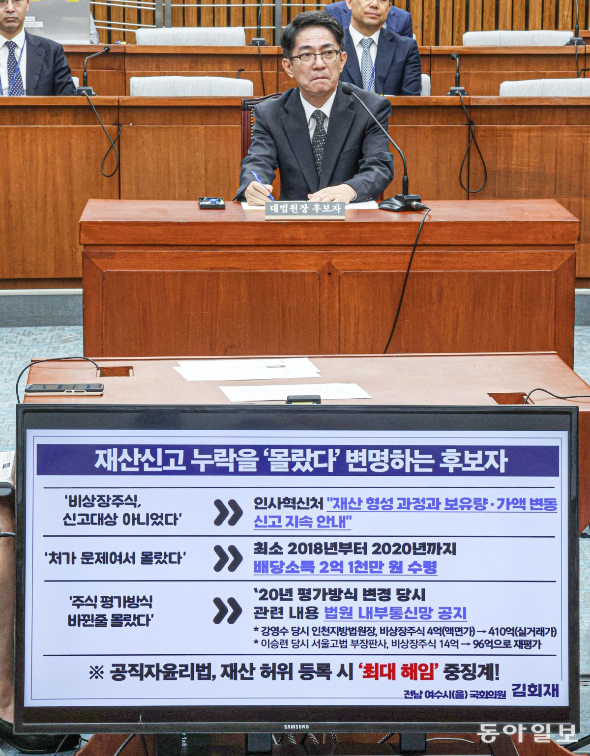 19일 이용균 대법원장 후보자가 더불어민주당 김희재 의원에게 재산신고 누락 관련 질의를 받고 있다. 박형기 기자 oneshot@donga.com