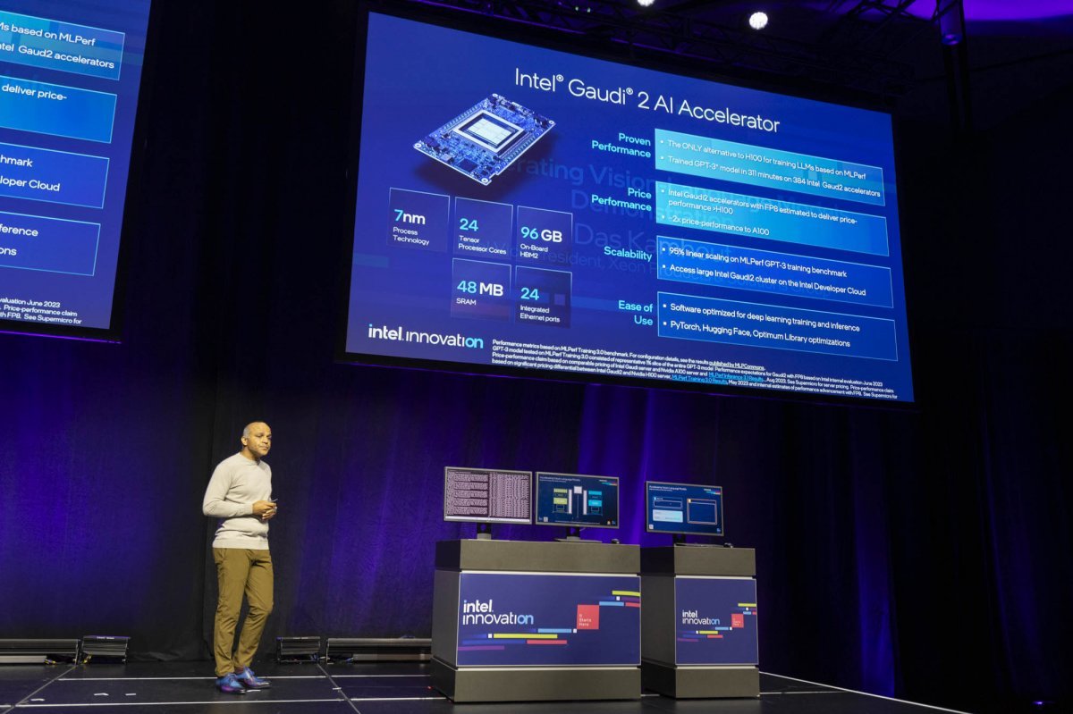 가우디 2 AI 가속기는 7nm 공정 기반의 가속기로, 엔비디아 H100의 대안 제품 수준의 성능을 갖고 있다 / 출처=IT동아