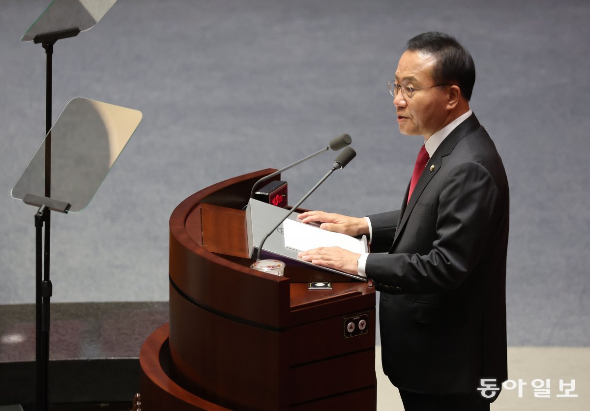 윤재옥 국민의힘 원내대표가 20일 오전 서울 여의도 국회에서 열린 제410회 국회 제7차 본회의에서 교섭단체 대표연설을 하고 있다. 박형기 기자 oneshot@donga.com
