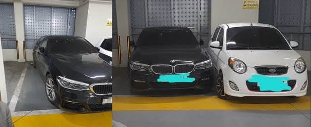 BMW 차주의 비매너 주차(왼쪽)에 화가 난 모닝 차주가 차를 바짝 붙여 갖다 댔다. (‘한문철 TV’ 갈무리)