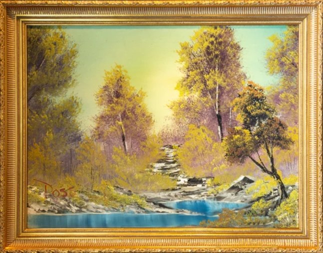 미국의 화가 밥 로스가 자신의 그림 방송 ‘그림 그리기의 즐거움(The Joy fo Painting)’ 1화에서 그렸던 작품 ‘숲속의 산책(A Walk in the Woods)’. 모던 아티팩트 홈페이지.