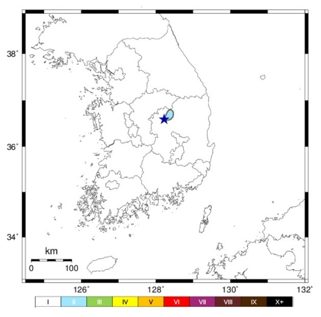 기상청은 22일 오후 5시46분55초에 경북 문경시 동쪽 3㎞ 지역에서 규모 2.2의 지진이 발생했다고 밝혔다. (기상청 제공) ⓒ 뉴스1